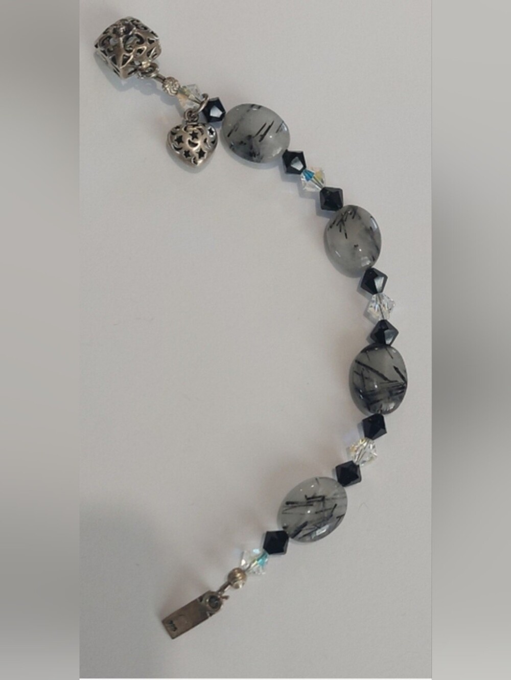 Tourmalinated Quartz With 925 Silver Charms And Hook Black & Clear Crystal Beads